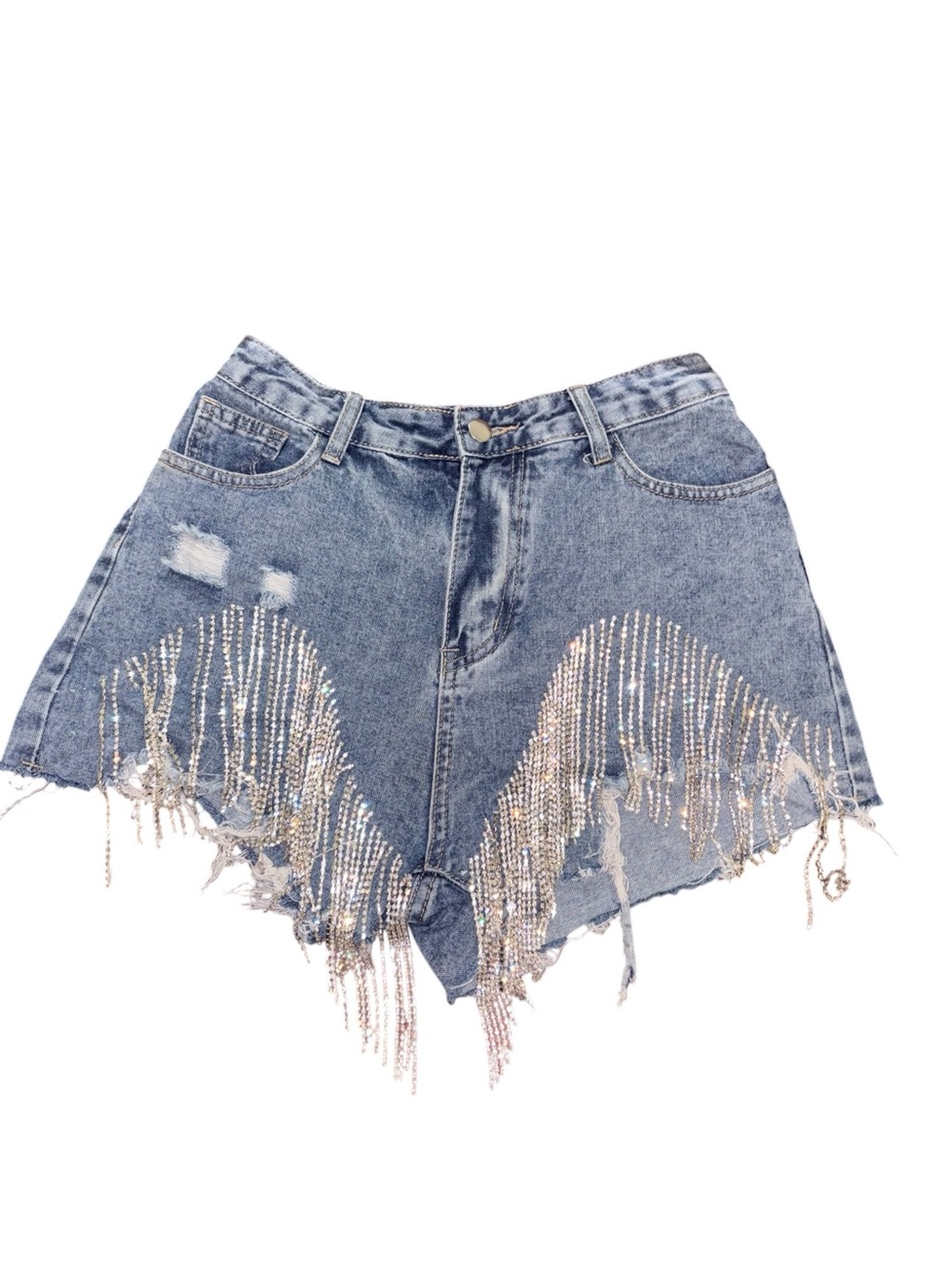 Windsor Blue Distressed Denim Shorts with Rhinestone Fringe size Small